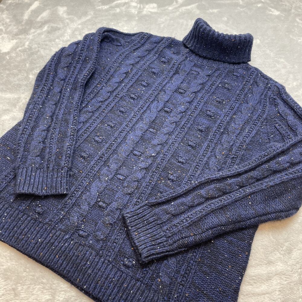 Lands End Womens Cable Knit Sweater Size M/P Speckled Navy Wool Blend Turtleneck
